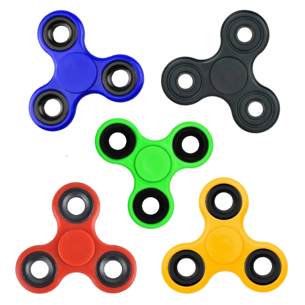 a green, blue, yellow, a black and red fidget spinner-fun fidgets
