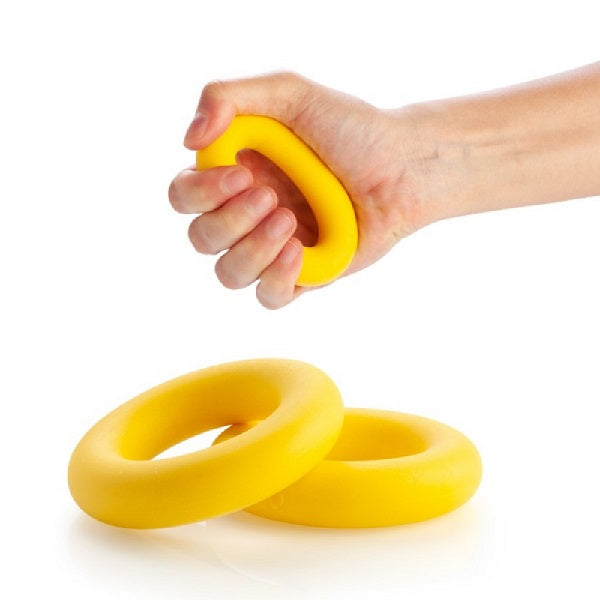 2 yellow stress rings out of packet and one being squeezed-fun fidgets