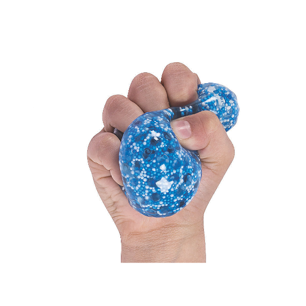 blue galaxy squeeze ball being squeezed-fun fidgets