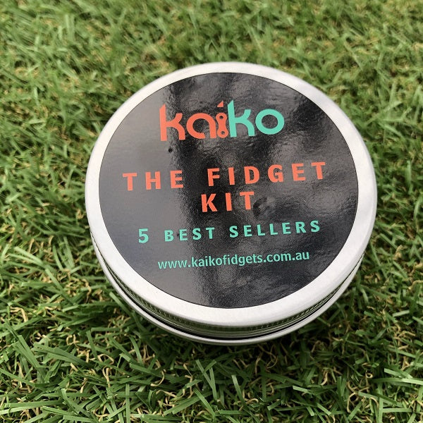 kaiko fidgets the fidget kit in metal tin and items shown out of tin-fun fidgets
