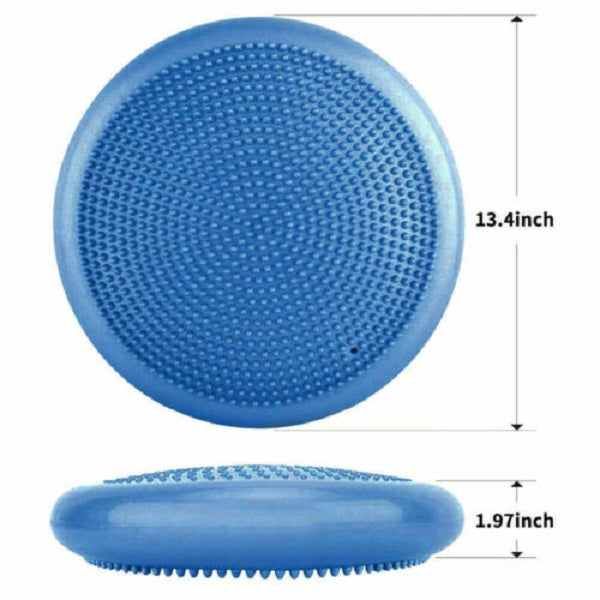 a red and a blue wobble cushion with pump