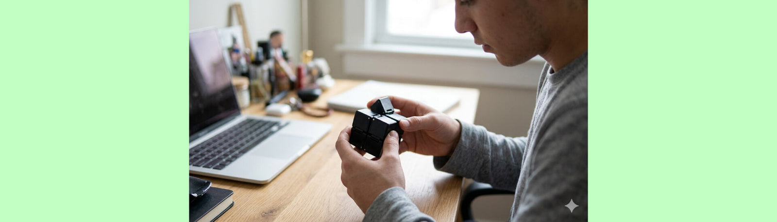 person sitting at a desk playing with a black infinity cube-fun fidgets