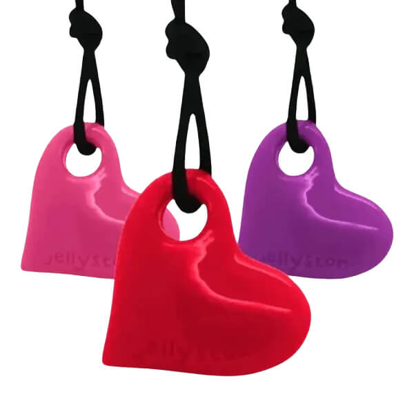 chewables collection image showing 3 heart shaped chewable necklaces-fun fidgets