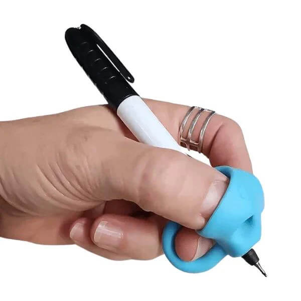 writing and education aids collection image shoing someone writing using a pen with a blue pencil grip-fun fidgets