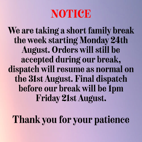 A text-based notice on a soft pink-to-purple gradient background. The heading reads 'NOTICE' in red, and the body text in black states that the company is taking a short family break from Monday 24th August to Friday 21st August, with orders still accepted during the break and final dispatch before the break on Friday 21st August at 1pm-fun fidgets