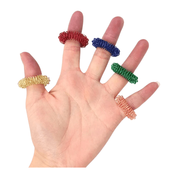 acupressure sensory rings shown on fingers-fun fidgets