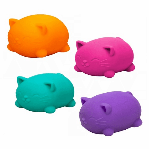 pink, orange, green and purple nee doh cool cats shown out of box-fun fidgets