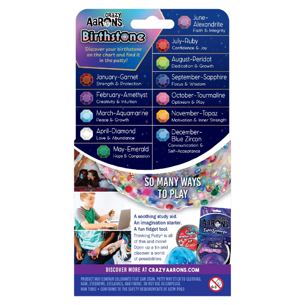 Crazy Aaron&#39;s Thinking Putty-Birthstone-4 Inch Tin reverse side of packaging-fun fidgets