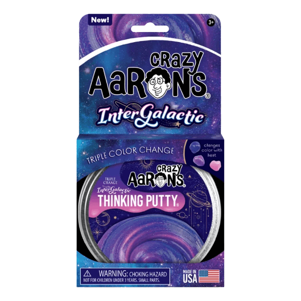 Crazy Aaron&#39;s Thinking Putty-Intergalactic-4 Inch Tin shown in the packaging-fun fidgets