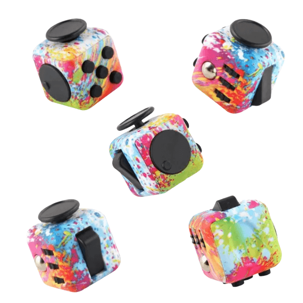 paint splash Cube Fidget-Prints showing the functions of each side-fun fidgets