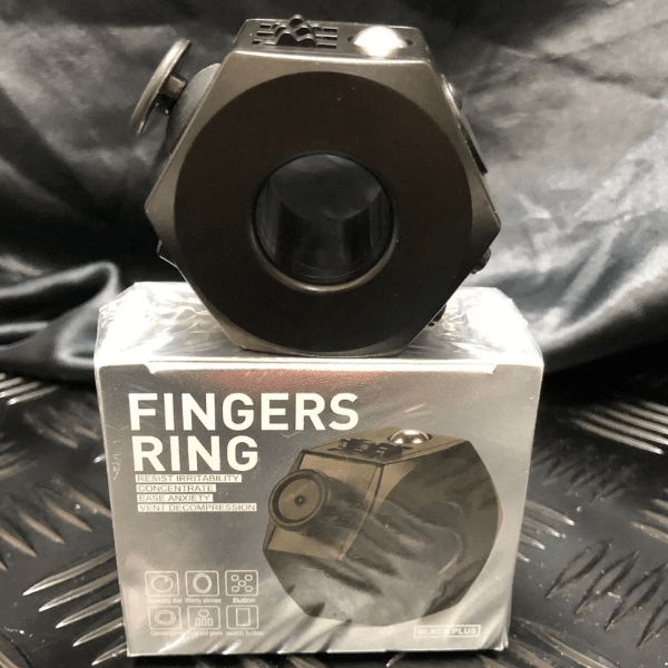 black fidget cube ring shown with product box-fun fidgets