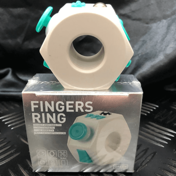 teal fidget cube ring shown with product box-fun fidgets