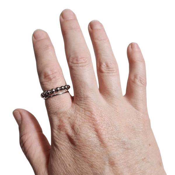 Fidget Ring-10 Bead silver shown being worn-fun fidgets