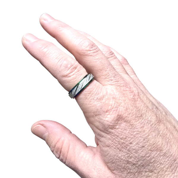 Hand wearing a silver ring on a white background-fun fidgets