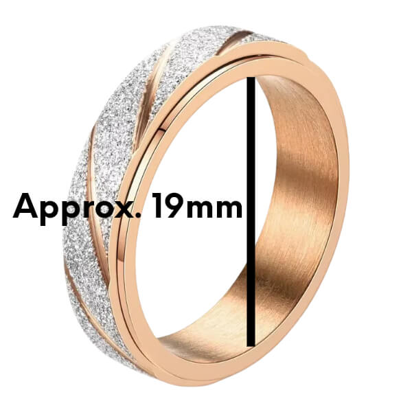 Rose gold ring with glittery band and measurement text on a white background-fun fidgets