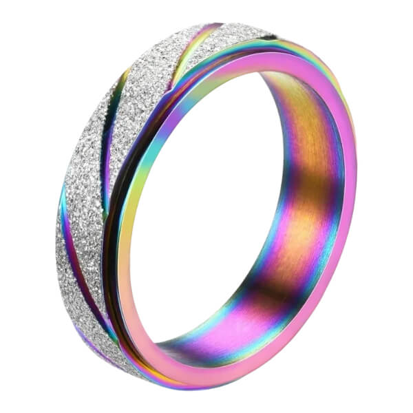 Multicoloured spinning fidget ring with glittery texture on a white background-fun fidgets