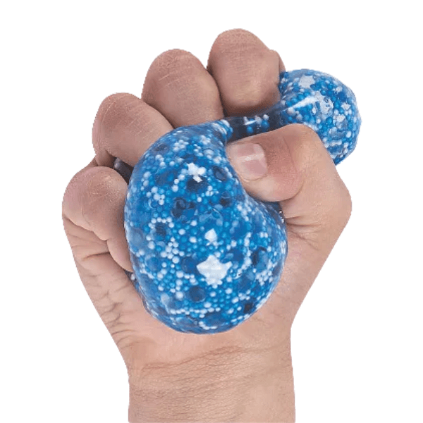 blue galaxy squeeze ball being squeezed-fun fidgets