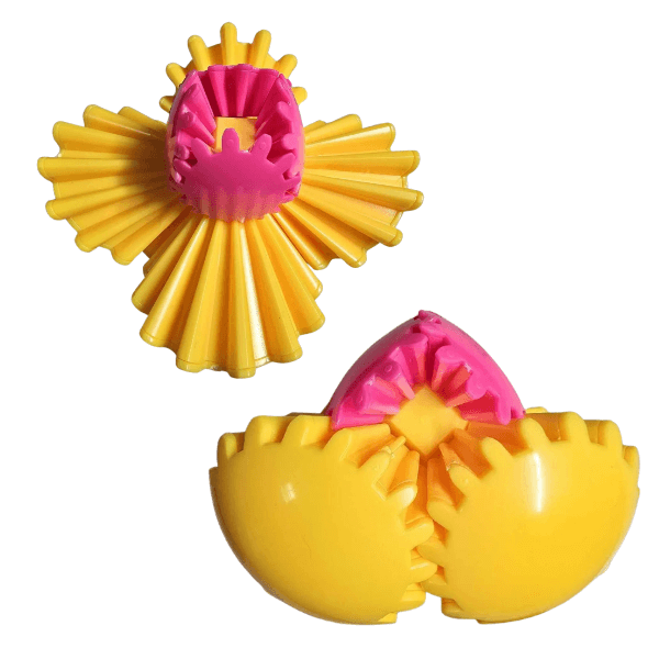 yellow and pink Gear Fidget Ball in 2 different positions of use-fun fidgets