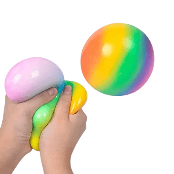 1 giant rainbow squish ball and 1 squish ball being squeezed with 2 hands-fun fidgets