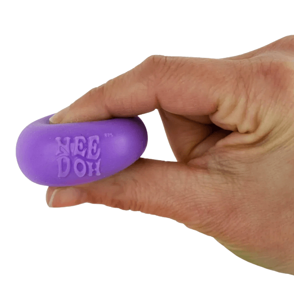 purple nee doh gobs of globs being squished between 2 fingers-fun fidgets