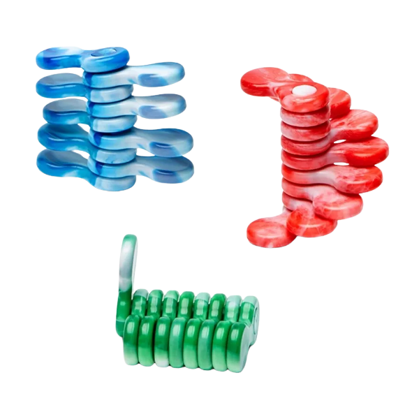 a blue, a red and a green helix fidget toy-fun fidgets