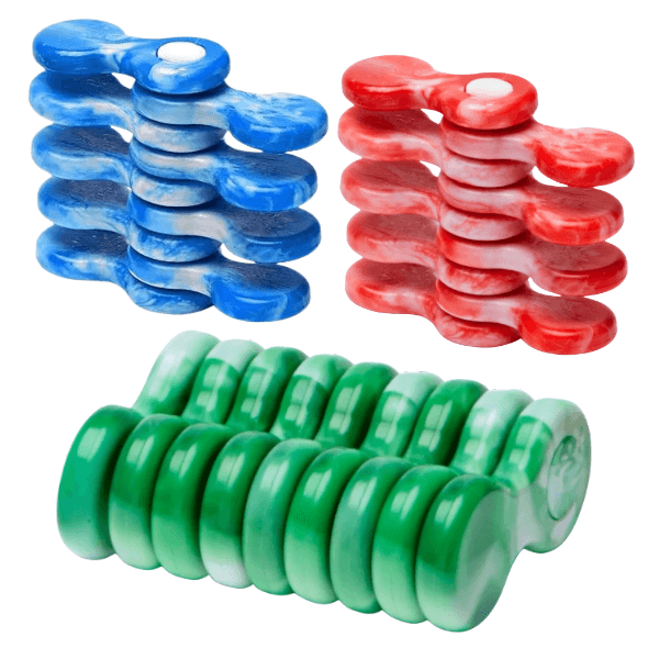 a blue, a red and a green helix fidget toy-fun fidgets