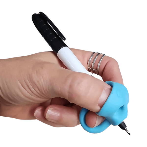 blue 3 finger pencil grip on a pen being used-fun fidgets