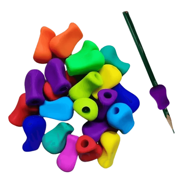 multiple colours of mini ergo pencil grips also showing one on a pencil-fun fidgets