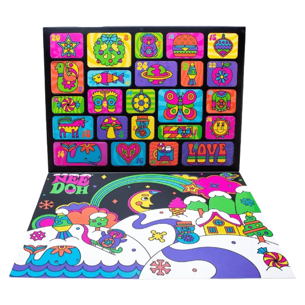 Nee Doh Advent calendar with colourful designs on a white background-fun fidgets