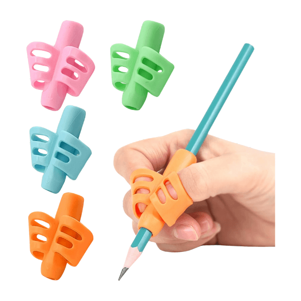 2 finger pencil grip and a blue pencil grip shown on a pencil-fun fidgets