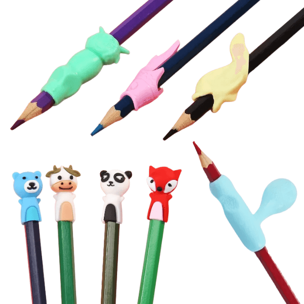 pencil grips shown on pencils-fun fidgets