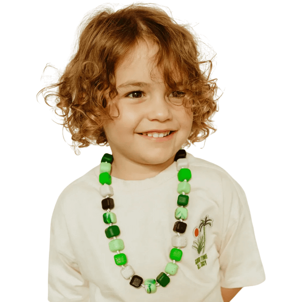 camo Princess and the Pea Chew Necklace shown worn around a child&#39;s neck-fun fidgets