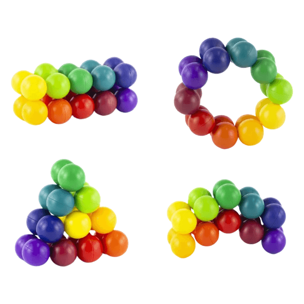 rainbow fidget puzzles balls showing some of the shapes that can be made-fun fidgets