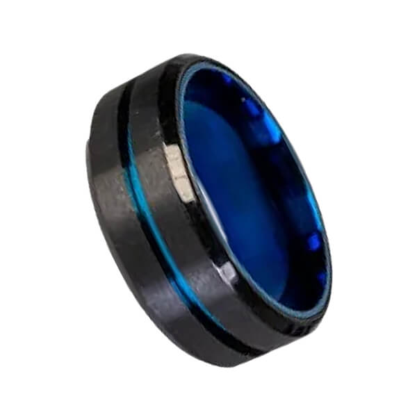Black rotating fidget ring with blue interior on a white background-fun fidgets