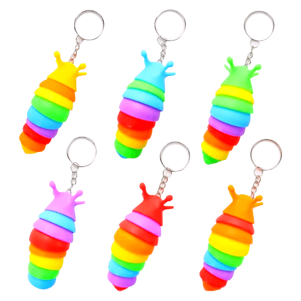 rainbow sensory slug keychain on a hand-fun fidgets