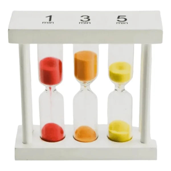 sensory timers and tubes collection image sowing a white wooden 1min, 3 min and 5 min hourglass sand timer-fun fidgets