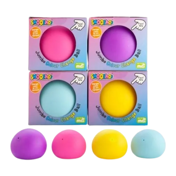 4 smooshos jumbo colour change balls in boxes and out of box-fun fidgets
