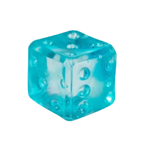transparent blue Smooshos Super Squeeze Dice  a white background-fun fidgets