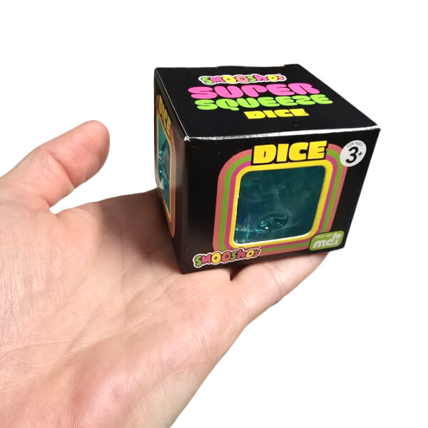 Super Squeeze Dice packaging held in a hand with a white background