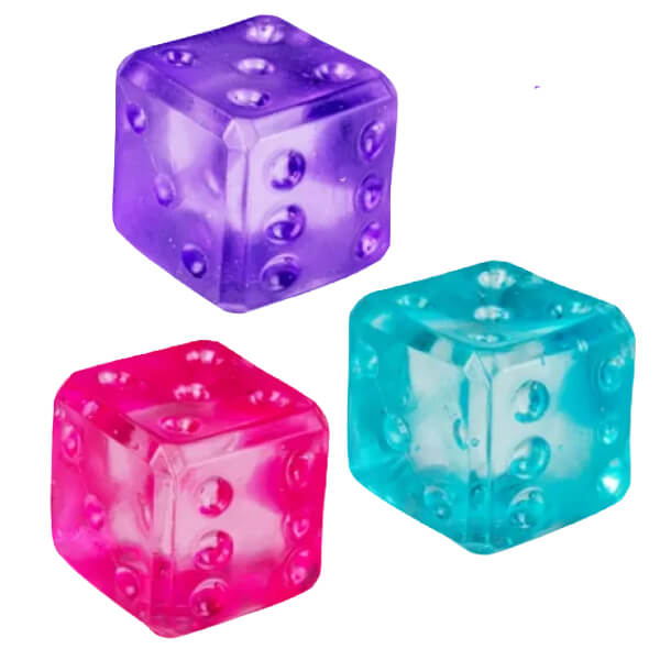 Three transparent Smooshos Super Squeeze Dice in purple, pink, and blue on a white background-fun fidgets
