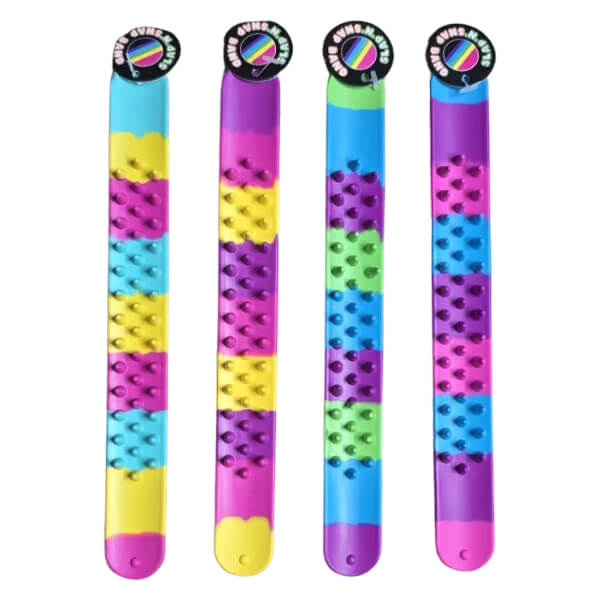 Four colourful textured snap bands with rainbow patterns on a white background-fun fidgets