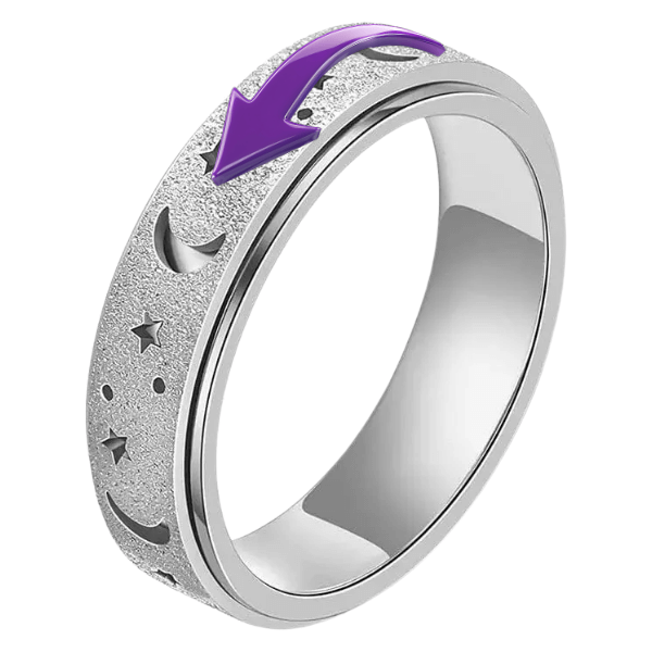 silver Spinning Fidget Ring-Moon and Stars with purple arrow to demonstrate that the ring spins-fun fidgets