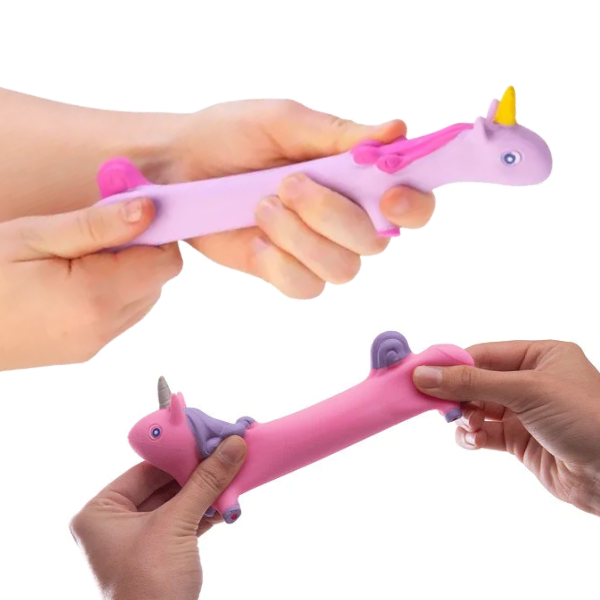 pink and purple squishy stretch unicorn being stretched-fun fidgets