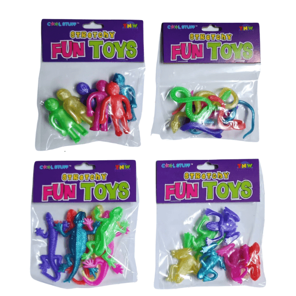 4 packets of stretchy fun toys with little people, snakes, lizards and frogs-fun fidgets