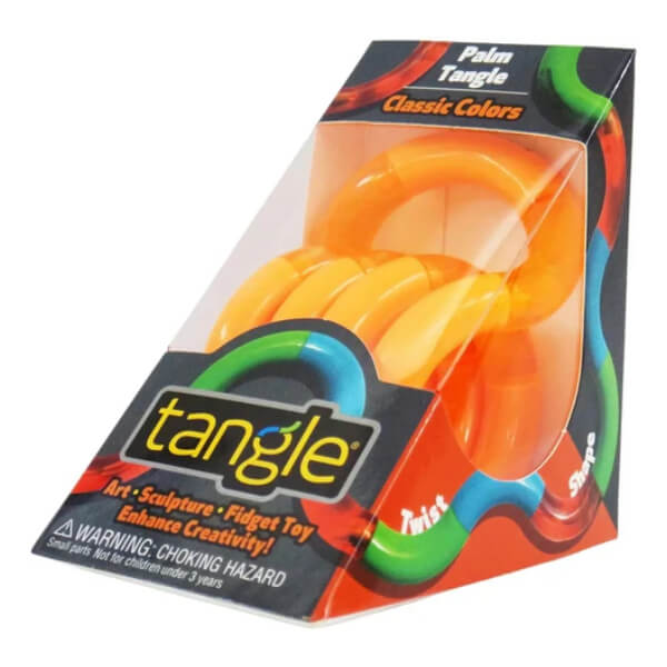 Tangle toy packaging with orange and green loops on a white background-fun fidgets
