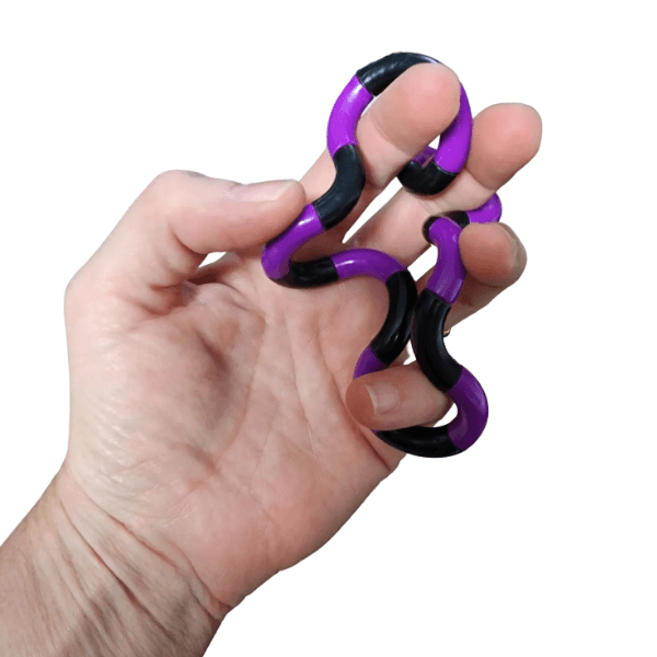 purple and black twisty fidget uncoiled in a hand-fun fidgets
