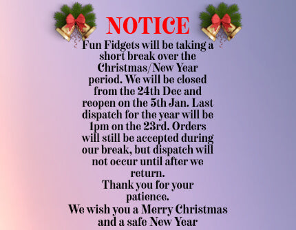 Notice about Fun Fidgets' closure during Christmas/New Year period with festive elements.