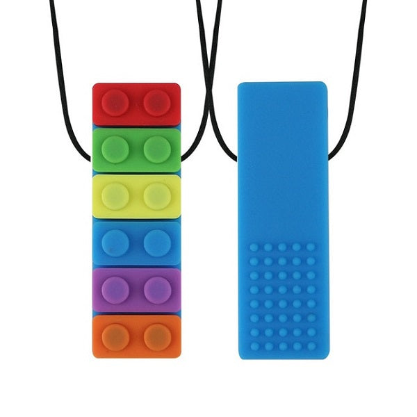 rainbow coloured brick chew necklace showing the back and the front-fun fidgets