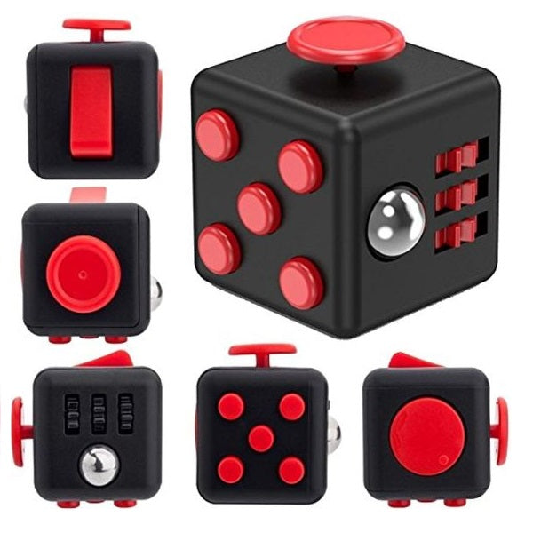black-red sensory cube showing features of each 6 sides-fun fidgets