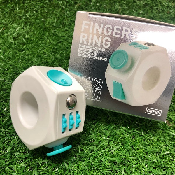 white fidget cube ring shown with product box-fun fidgets